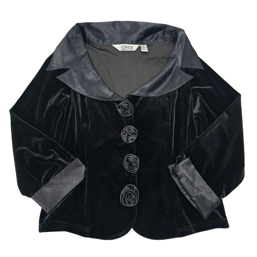 Stera‎ Women's Black Velvet Rose Button Jacket Blazer Size M